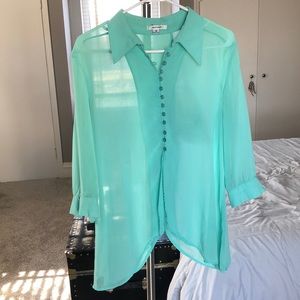 Turquoise Sheer & Flowy Slit Blouse with Buttons
